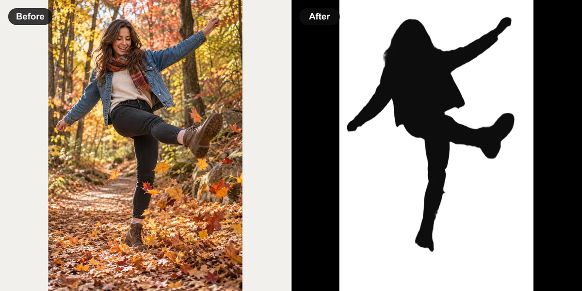 Woman kicking autumn leaves on a forest trail and her SilMaker silhouette