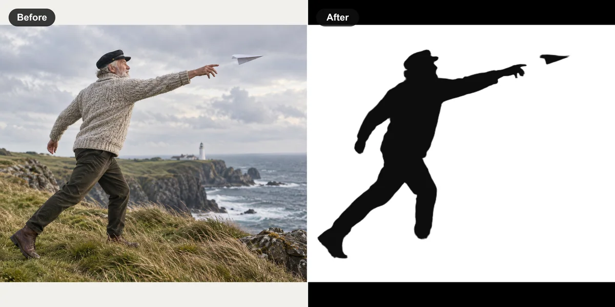 Man throwing a paper airplane by a lighthouse and his SilMaker silhouette