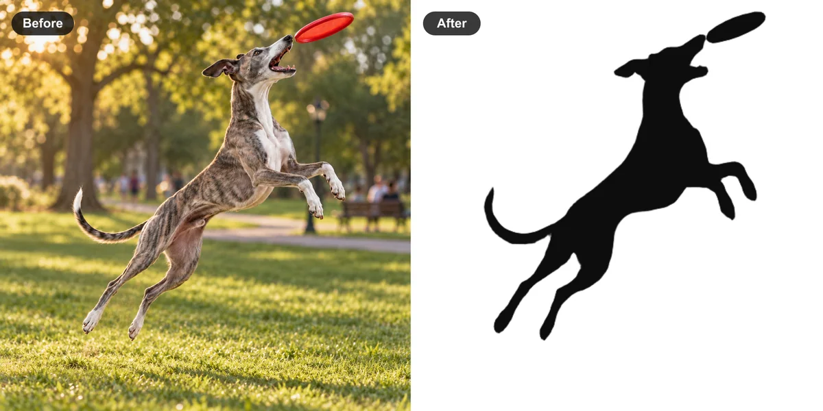 Greyhound leaping for a flying disc in a city park and its SilMaker silhouette