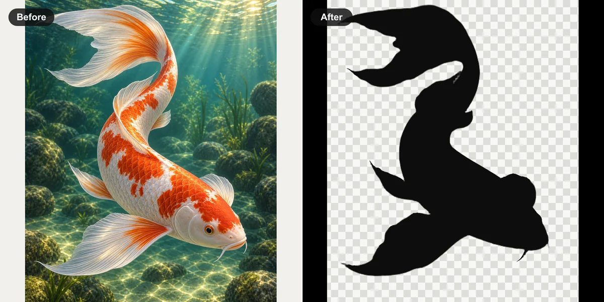 Koi fish in a natural pond and its transparent SilMaker silhouette