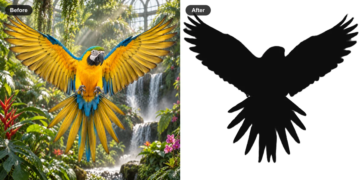 Macaw spreading its wings in a tropical conservatory and its SilMaker silhouette