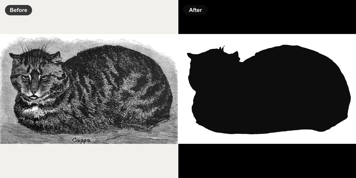 Public-domain tabby cat engraving and its SilMaker silhouette