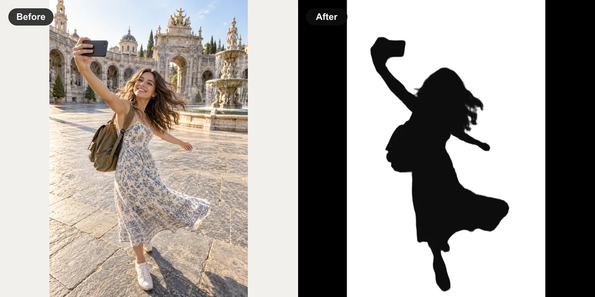 Traveler taking a spinning selfie and her SilMaker silhouette