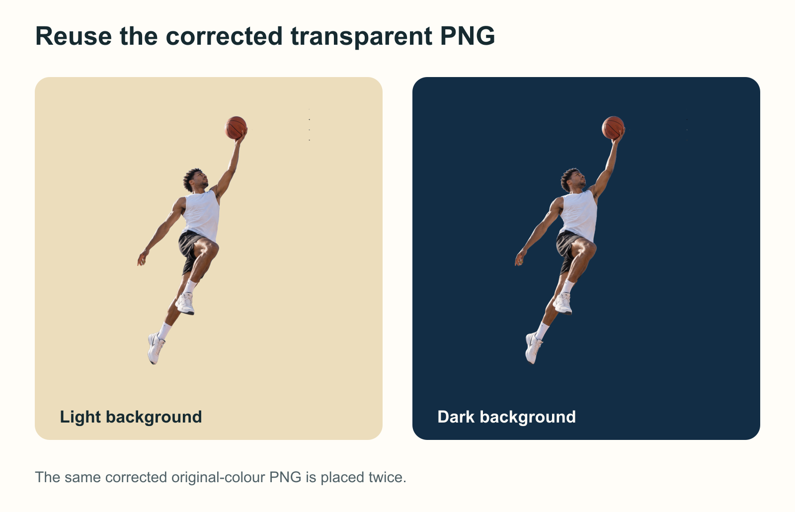 The same corrected basketball original-color transparent PNG placed on bright and dark backgrounds