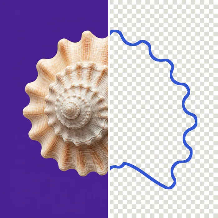 Seashell photo beside its blue transparent outline result