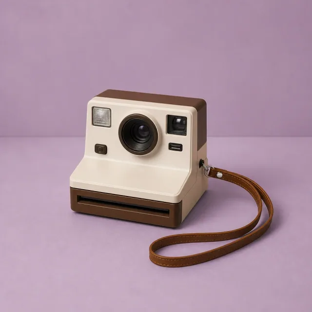 A complete instant camera and wrist strap kept inside the frame