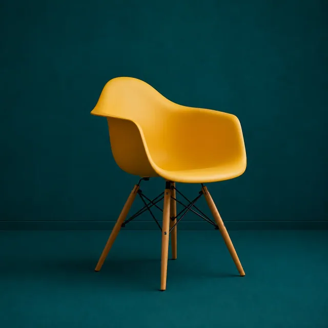 A yellow chair with strong contrast against a dark teal wall
